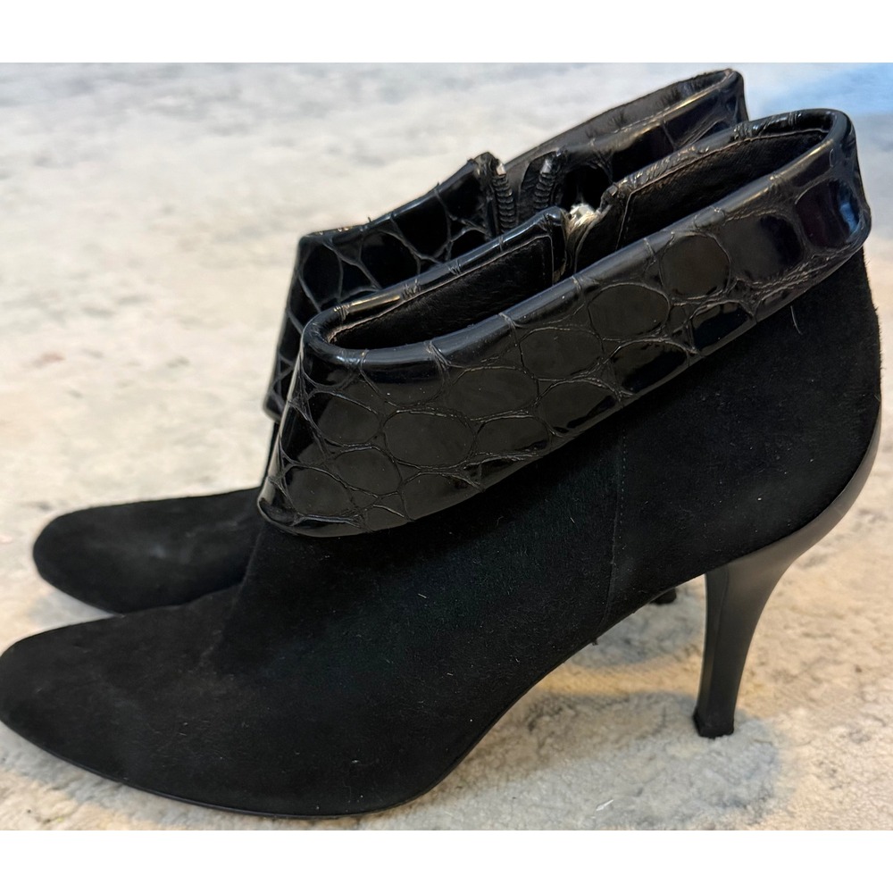 Donald J Pliner Rula Black Suede Patent Croc Embossed Ankle Boots 9.5M Italy